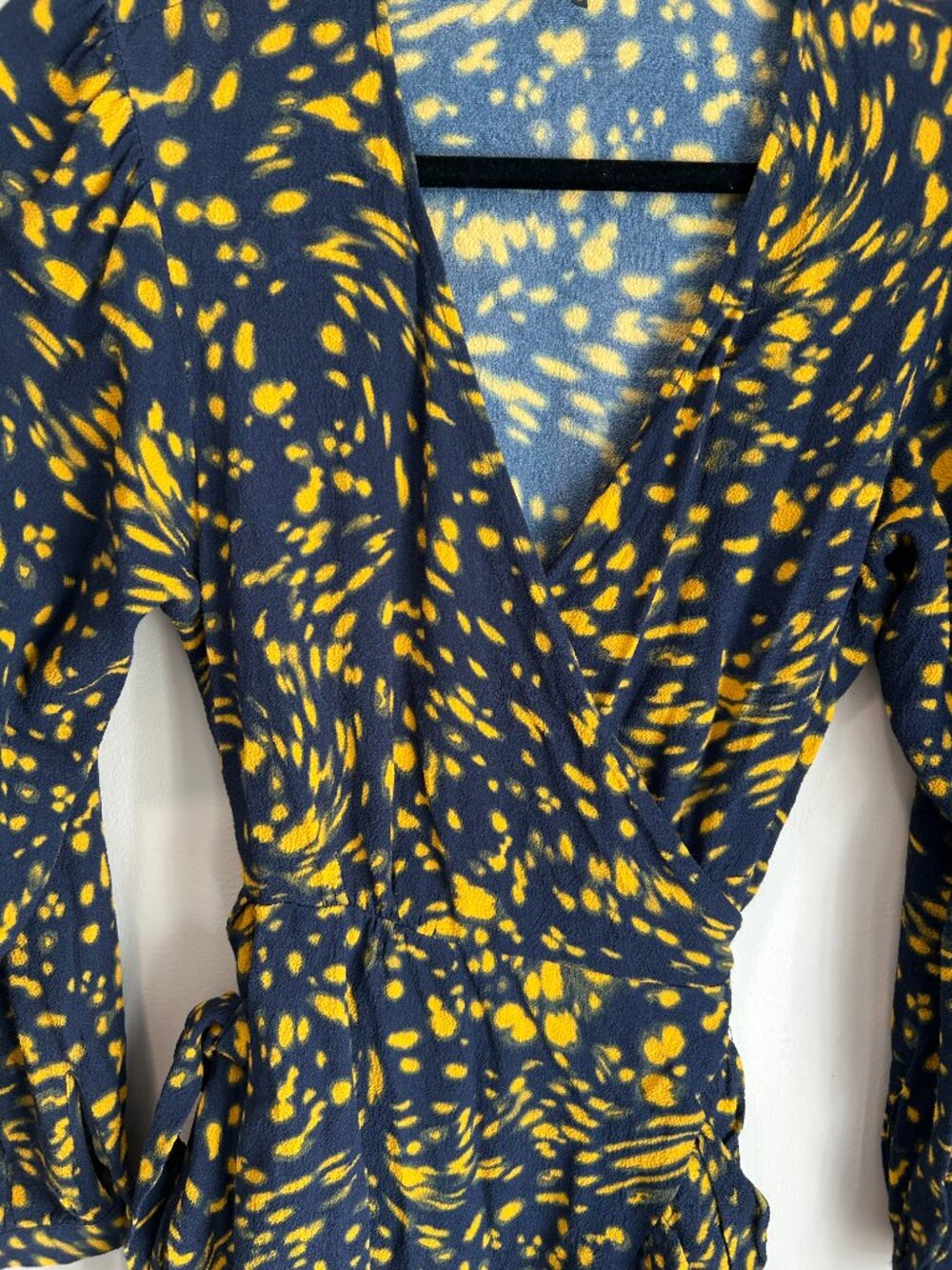 Maje Rosetta Swirling Dot Wrap Dress Ruffle Mini Navy Yellow Size 1 - Picture 6 of 12